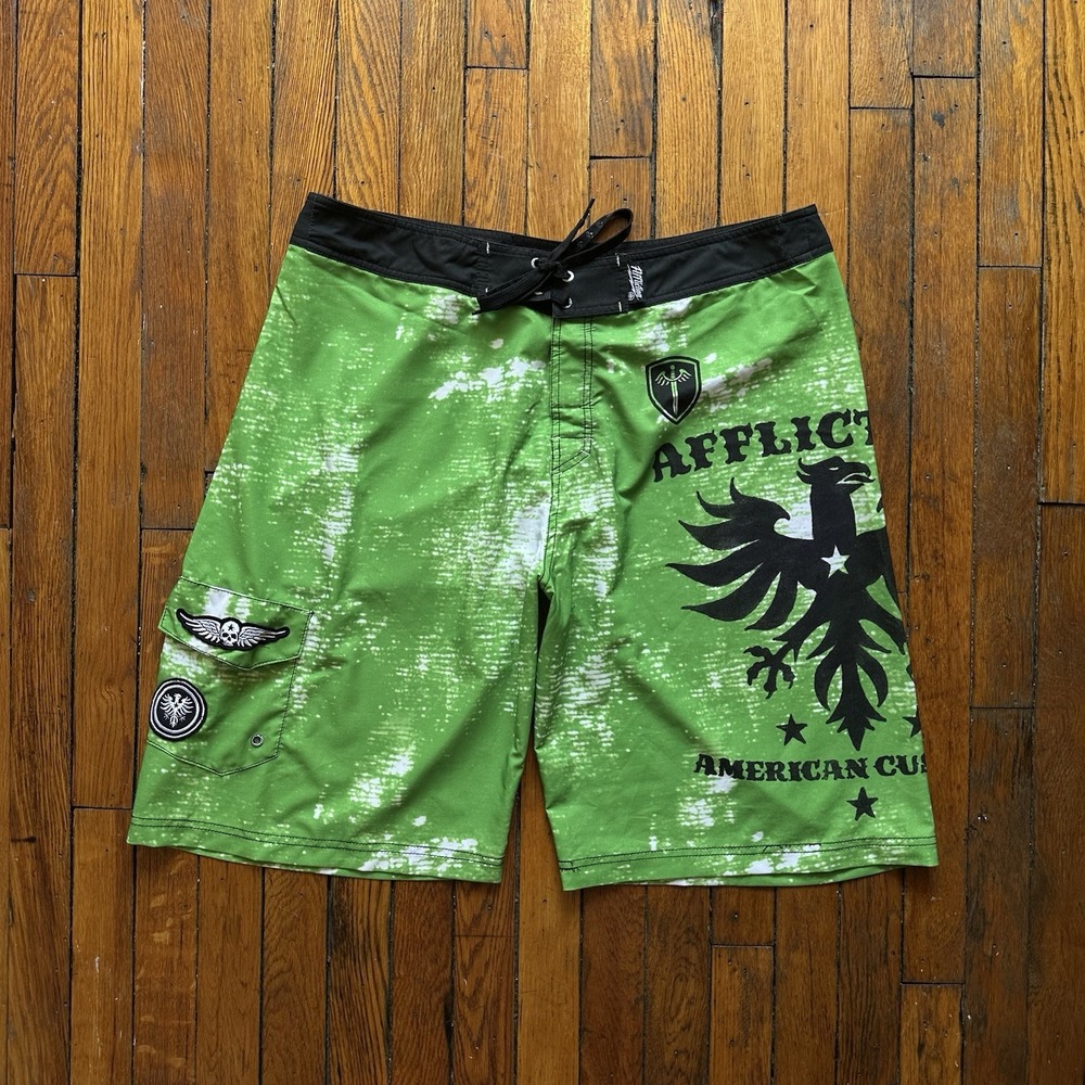 Affliction Board Shorts Mens 38 Green Black MMA Fighting Patches American Custom